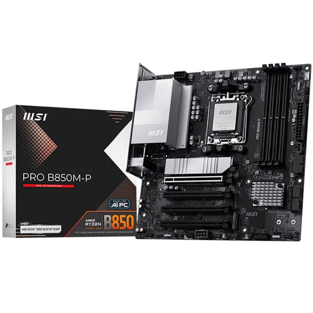 Материнская плата MSI PRO B850M-P (AM5/AMD B850/4xDDR5/4xPCI-Ex16/3xM.2/SB7.1/GLAN/DisplayPort/HDMI/mATX)
