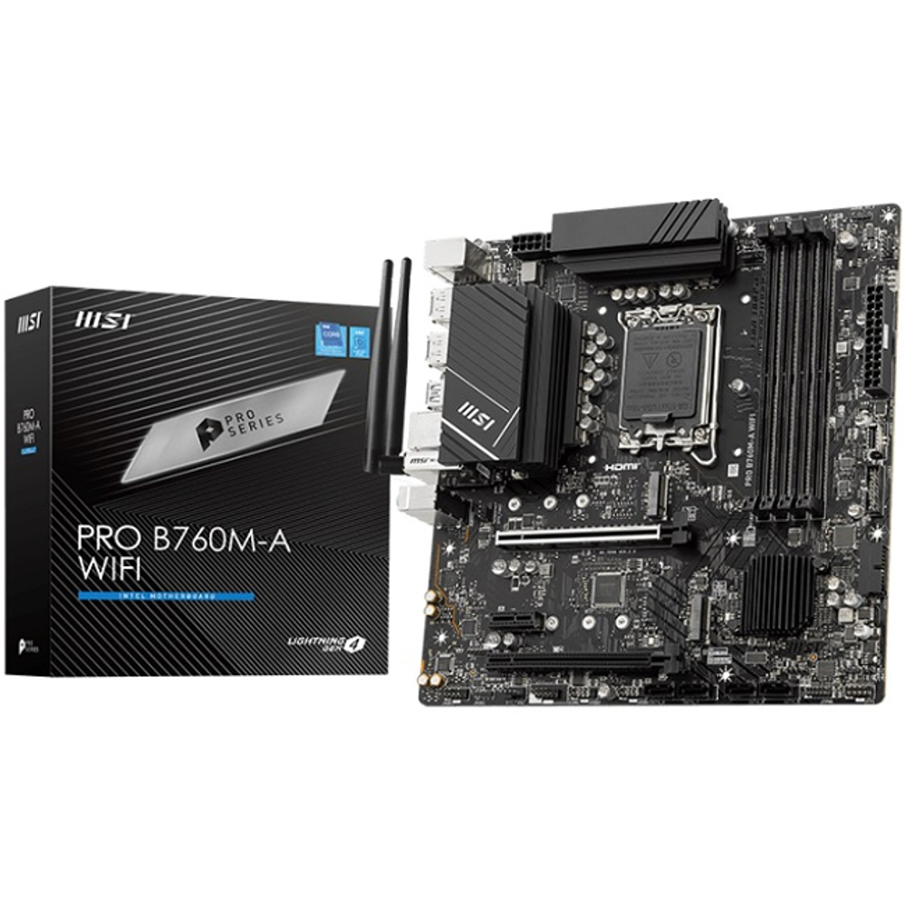 Материнская плата MSI PRO B760M-A WIFI (LGA1700/B760/4xDDR5/2xPCI-Ex16./2xM.2/SB7.1/Wi-Fi/BT/GLAN/2xHDMI/2xDP/mATX)
