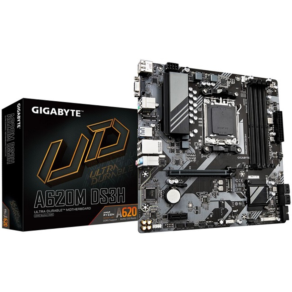 Материнская плата GIGABYTE A620M DS3H 2.0 (AM5/AMD A620/2xDDR5/2xPCI-Ex16/M.2/SB7.1/GLAN/DisplayPort/HDMI/VGA/mATX)