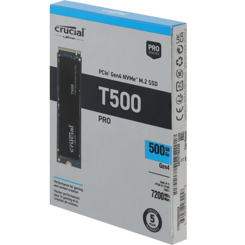 Жесткий диск SSD M.2 500Gb Crucial T500 PRO, 7200/5700MBs, 1390000 IOPS, TLC 3D NAND, 2280, PCI-E 4.0x4 (CT500T500SSD8)