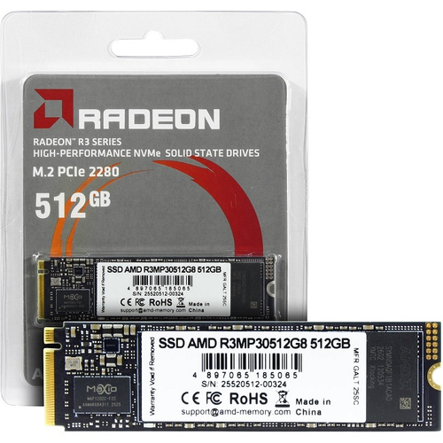 Жесткий диск SSD M.2 512Gb AMD R3, 3300/2200MBs, 90000 IOPS, TLC 3D NAND, PCI-E 3.0 x4 (R3MP30512G8)