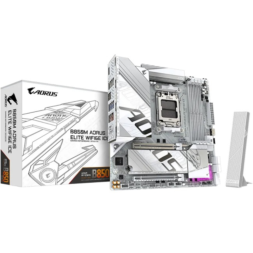 Материнская плата GIGABYTE B850M AORUS ELITE WIFI6E ICE (AM5/AMD B850/2xDDR5/2xPCI-Ex16/2xM.2/Wi-Fi/BT/LAN/DP/HDMI/mATX)