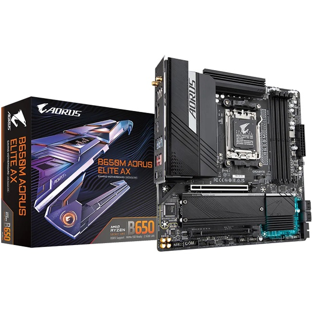 Материнская плата GIGABYTE B650M AORUS ELITE AX (AM5/AMD B650/4xDDR5/2xPCI-Ex16/2xM.2/SB/Wi-Fi/BT/GLAN/DP/HDMI/mATX)