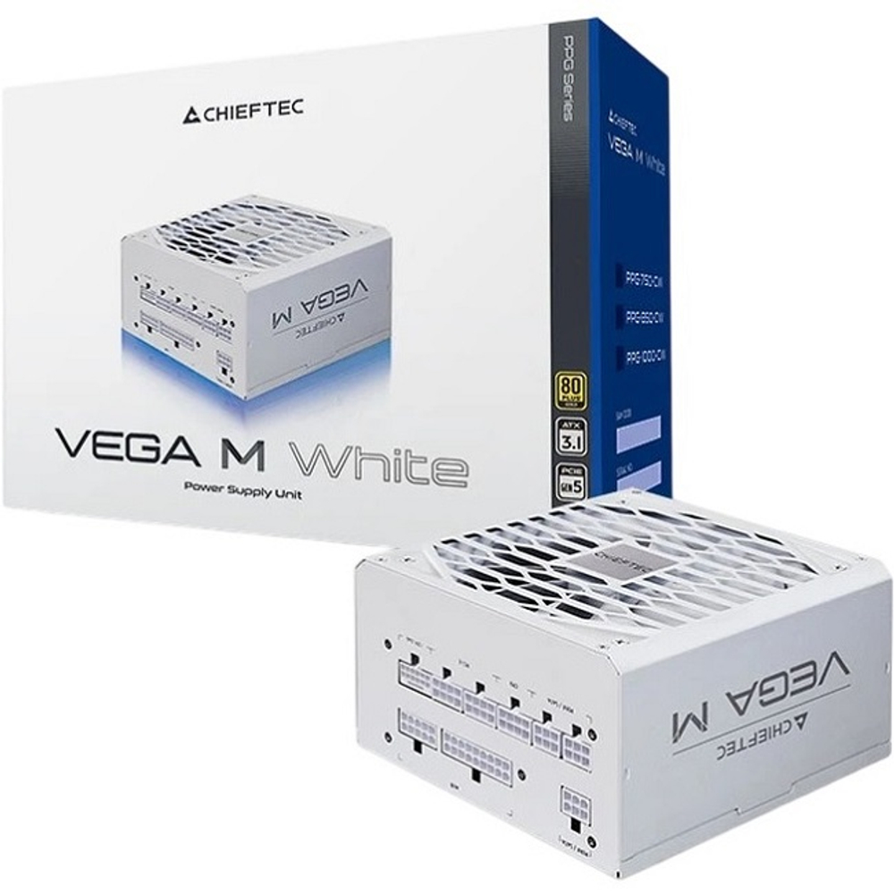 Блок питания Chieftec 1000W Chieftec Vega M White, модульный, 16 Pin PCIe 5.0, 80 PLUS Gold (PPG-1000-CW)