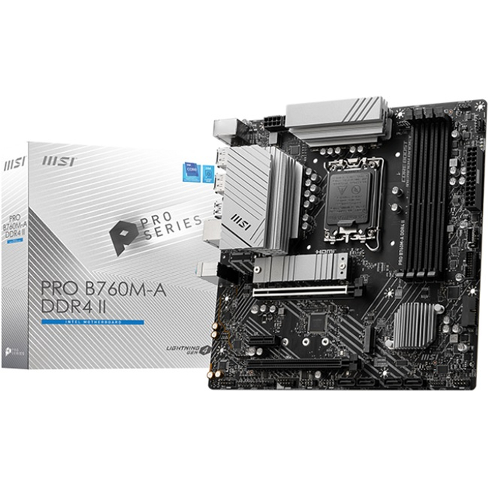 Материнская плата MSI PRO B760M-A DDR4 II (LGA1700/B760/4xDDR4/2xPCI-Ex16./2xM.2/SB7.1/GLAN/2xHDMI/2xDP/mATX)