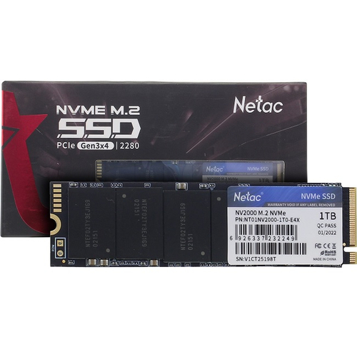 Жесткий диск SSD M.2 1Tb Netac NV2000, 2500/1900MBs, 280000 IOPS, TLC 3D NAND, 2280, PCI-E 3.0 x4 (NT01NV2000-1T0-E4X)