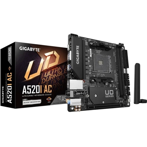 Материнская плата GIGABYTE A520I AC (AM4/AMD A520/2xDDR4/PCI-Ex16/M.2/SB/Wi-Fi/BT/GLAN/Wi-Fi/BT/DPt/HDMI/Mini-ITX)